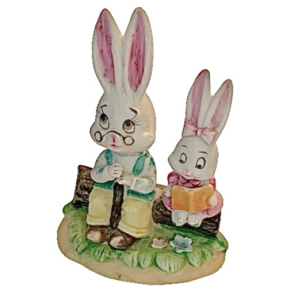 Lefton Porcelain Figurine Grandpa & Girl Bunnies on a log.